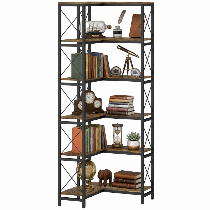 HOMCOM Bibliothèque d'angle à 6 niveaux, meuble de rangement en métal pour salon, chambre, bureau, 60x60x200cm, brun rustique