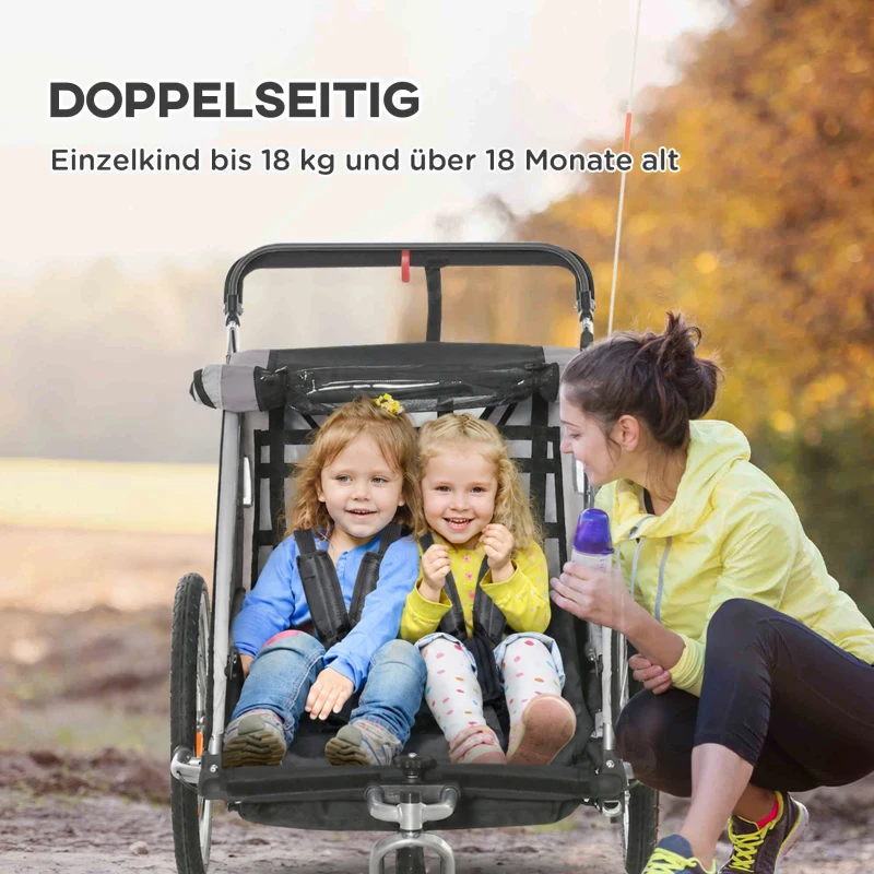 HOMCOM Kinderfahrradanhänger, Schiebewagen, mit Bremsen, klappbar, für 2 Kinder, Grau/Schwarz