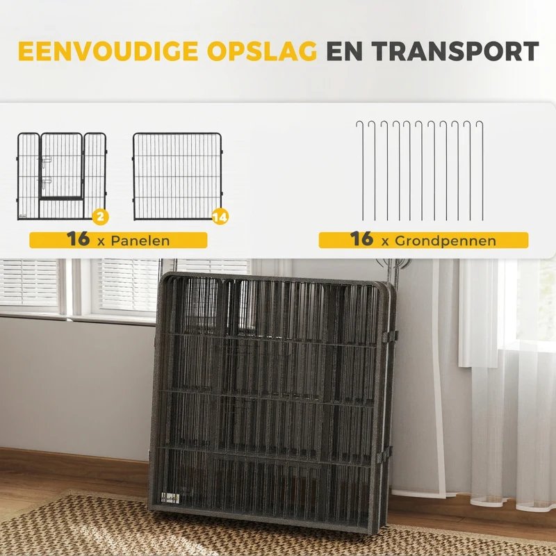 PawHut Puppyren, 16-delig, opvouwbaar met deur, voor kleine en middelgrote honden, 3,2 x 3,2 x 0,8 m, grijs
