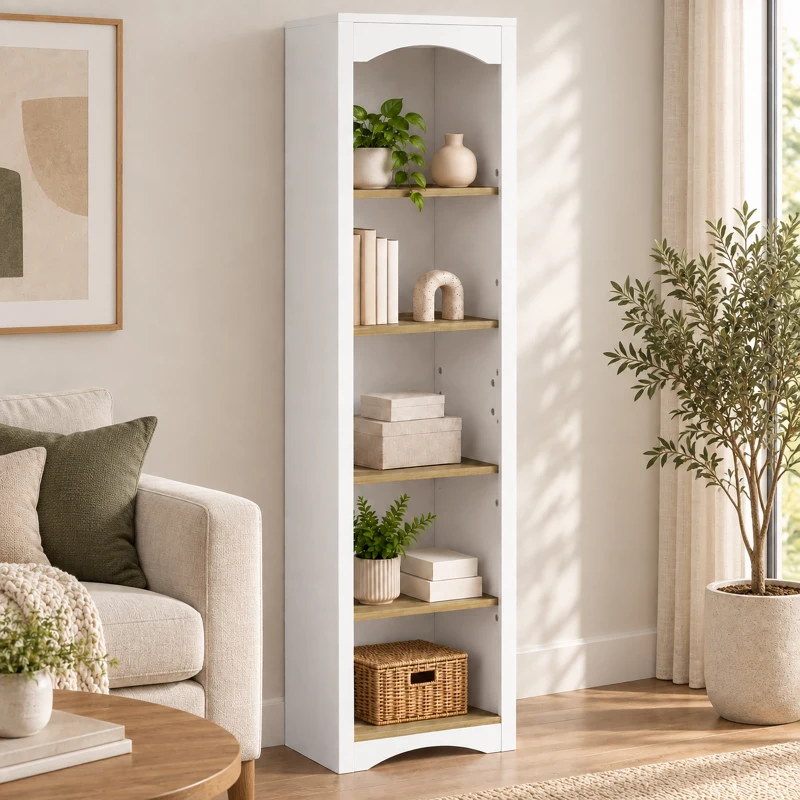 HOMCOM Estante para Livros de 5 Níveis com Design Arqueado e 2 Prateleiras Ajustáveis, Branco e Carvalho
