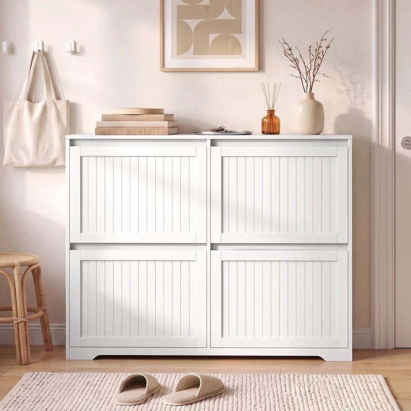 HOMCOM Pantofar slim cu 4 uși rabatabile, pentru 16 perechi, rafturi reglabile, 114,6x26x87,1 cm, alb