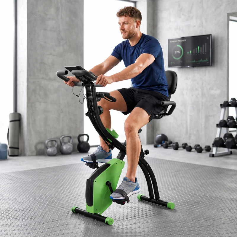 HOMCOM 2-in-1 Folding Exercise Bike with 8-Level Magnetic Resistance, Arm Resistance Band, Pulse Sensor, Green