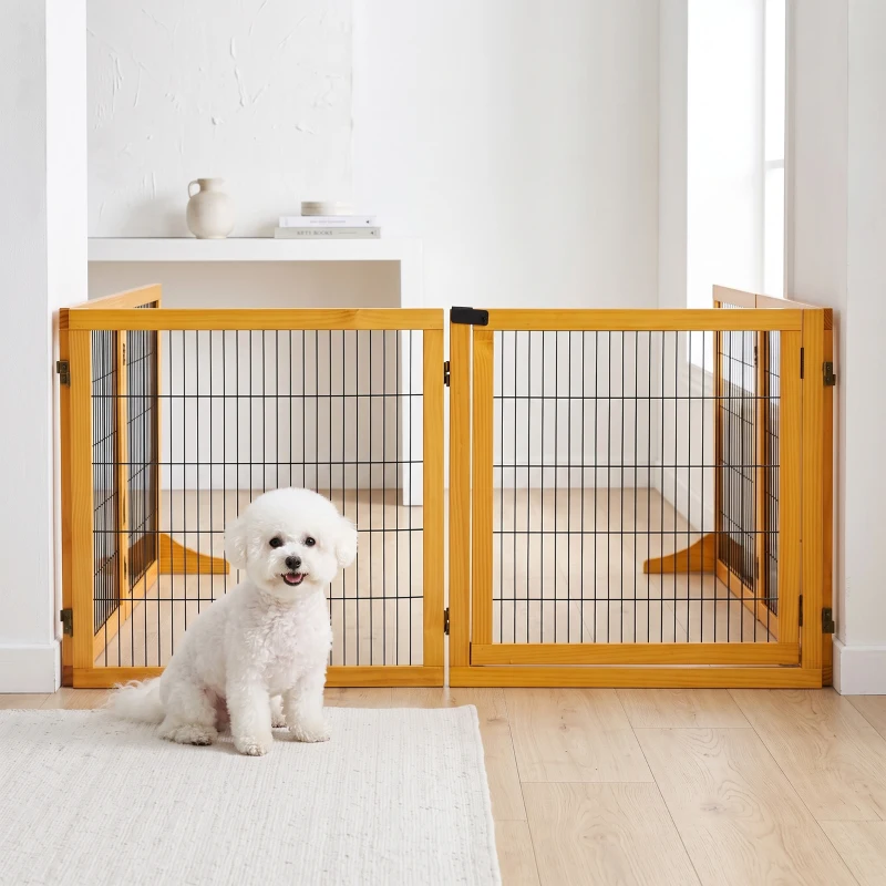 PawHut Barreira de Segurança Dobrável para Cães em Madeira para Escadas e Portas com Pés de Apoio 432x36x70 cm Amarelo
