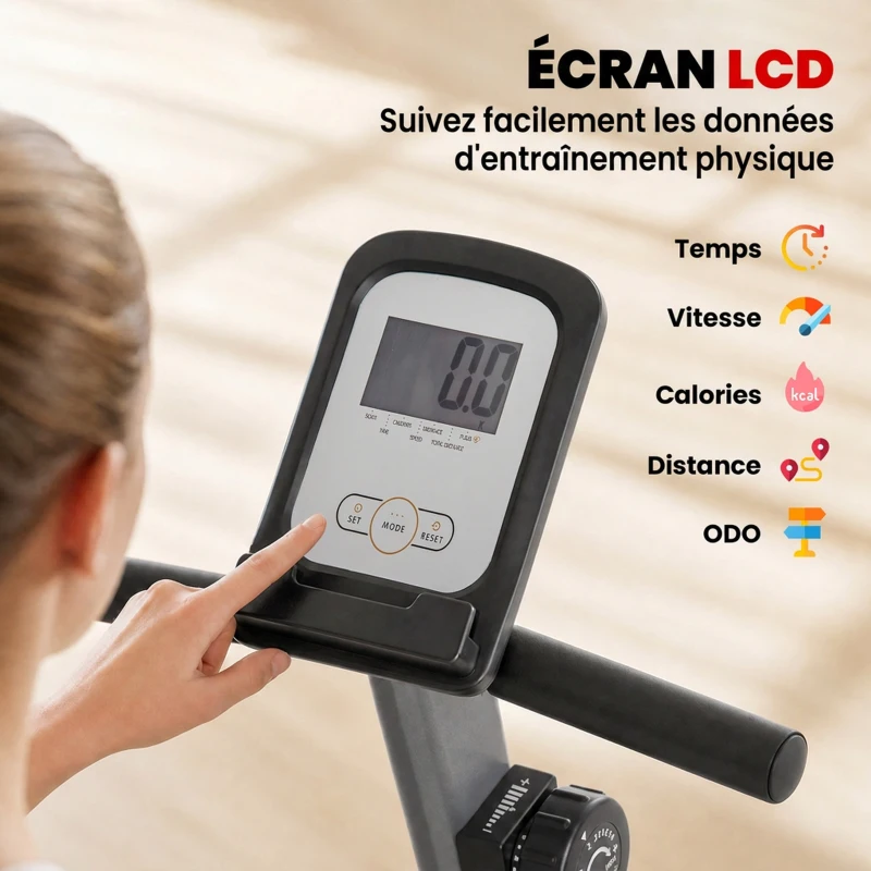 HOMCOM Vélo appartement, couché magnétique 8 niveaux résistance réglables, écran lcd, poignées fréquence charge 110 kg(m-4)