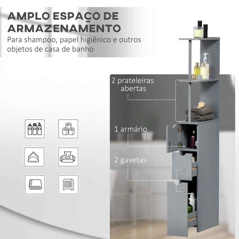 HOMCOM Coluna de Casa de Banho Moderno Móvel Auxiliar com 2 Prateleiras, 2 Gavetas e 1 Porta Anti-queda 15x33x136,8 cm Cinzento
