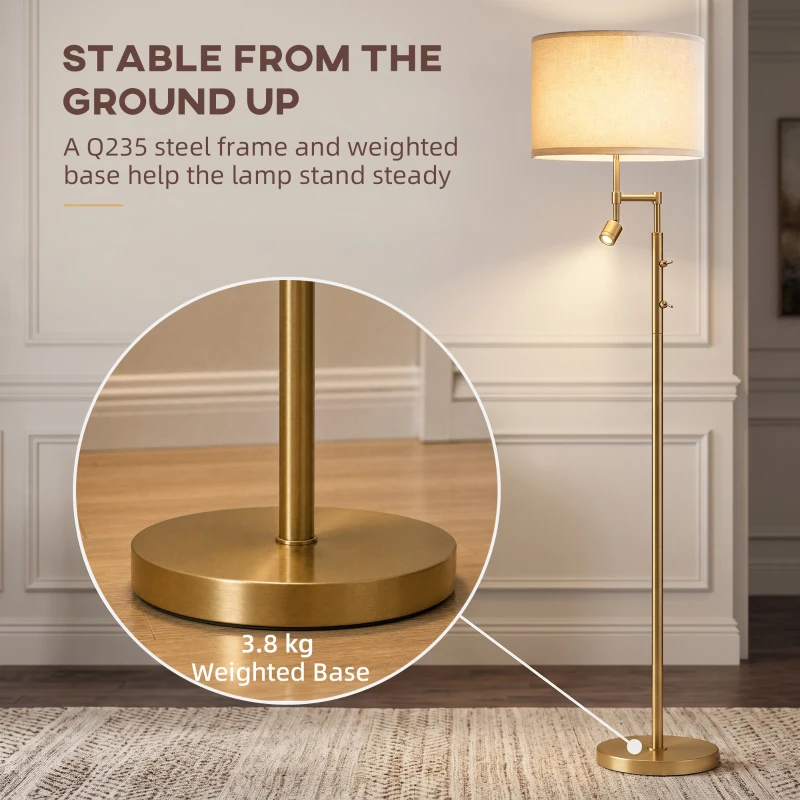 HOMCOM Modern Floor Lamp with Built-In Reading Light, Standing Lamp with Independent Switch, Copper