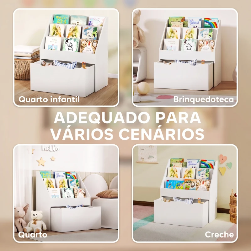 AIYAPLAY Estante de Brinquedos com 3 Compartimentos Gaveta com Rodas para Quarto Sala de Jogos 62,5x30x70 cm Branco