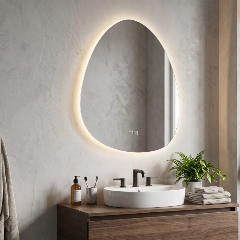 HOMCOM Oglindă de baie cu LED, 3 culori, 50x70 cm, neregulată, Bluetooth, anti-aburire, touch