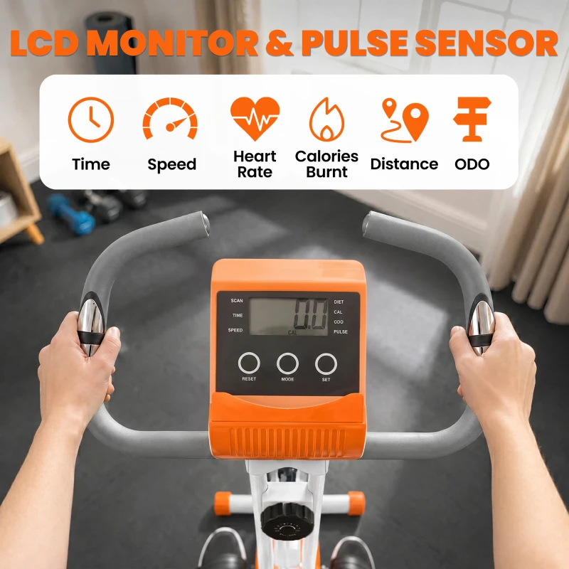 HOMCOM 2-in-1 Folding Exercise Bike with 8-Level Magnetic Resistance, Arm Resistance Band, Pulse Sensor, Orange