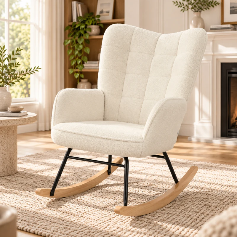 HOMCOM Fauteuil à bascule rocking chair revêtement effet laine bouclée, structure en acier 71 x 98 x 101 cm blanc