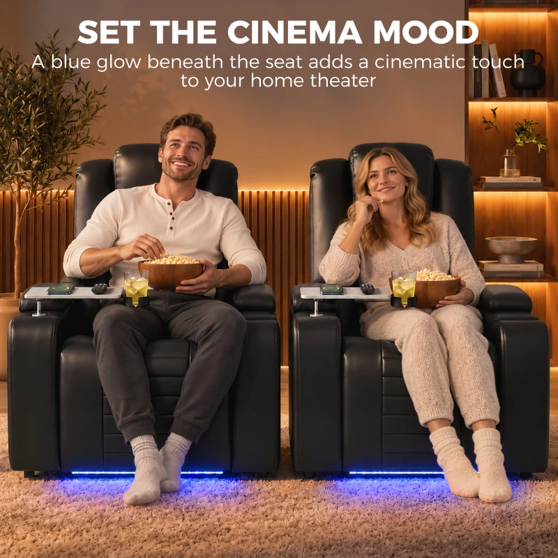 HOMCOM Electric Recliner Armchair w/ Type C+USB, LED Light, PU Leather Cinema Recliner Chair w/ Storage, Tray Table, Black