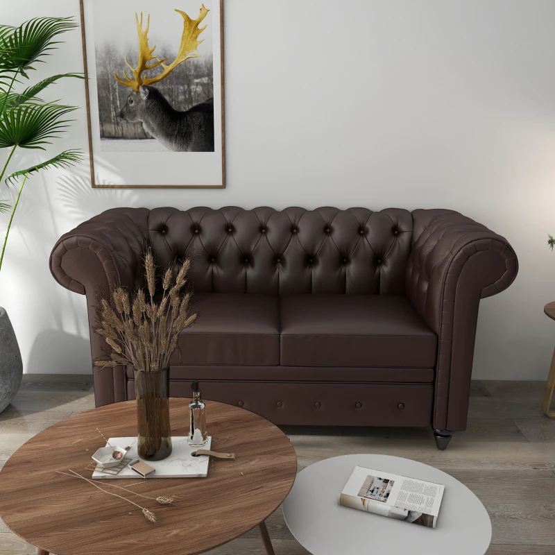 HOMCOM Canapea Chesterfield cu 2 locuri, cu pernă detașabilă, din piele ecologică, lemn și metal, 160x84x80 cm, maro(m-8)