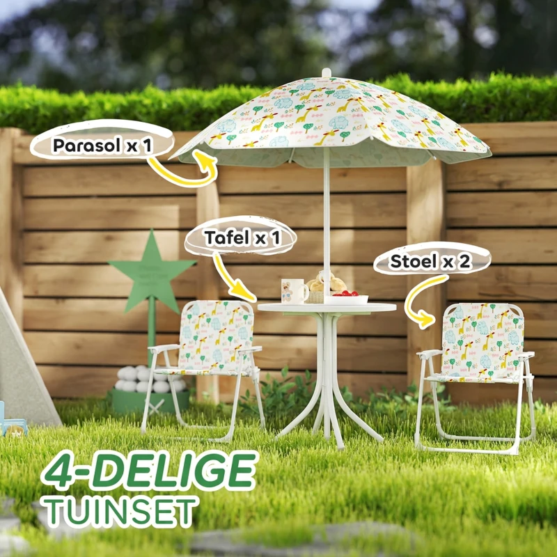 AIYAPLAY Kinderzithoek, Inklapbare Stoelset met Parasol, Kleurrijk Patroon, Wit