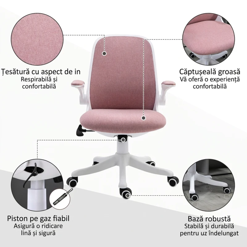 Vinsetto Scaun de Birou Ergonomic Reglabil pe Înălțime, din Material cu Efect de Catifea, 62.5x60x94-104 cm, Alb și Roz