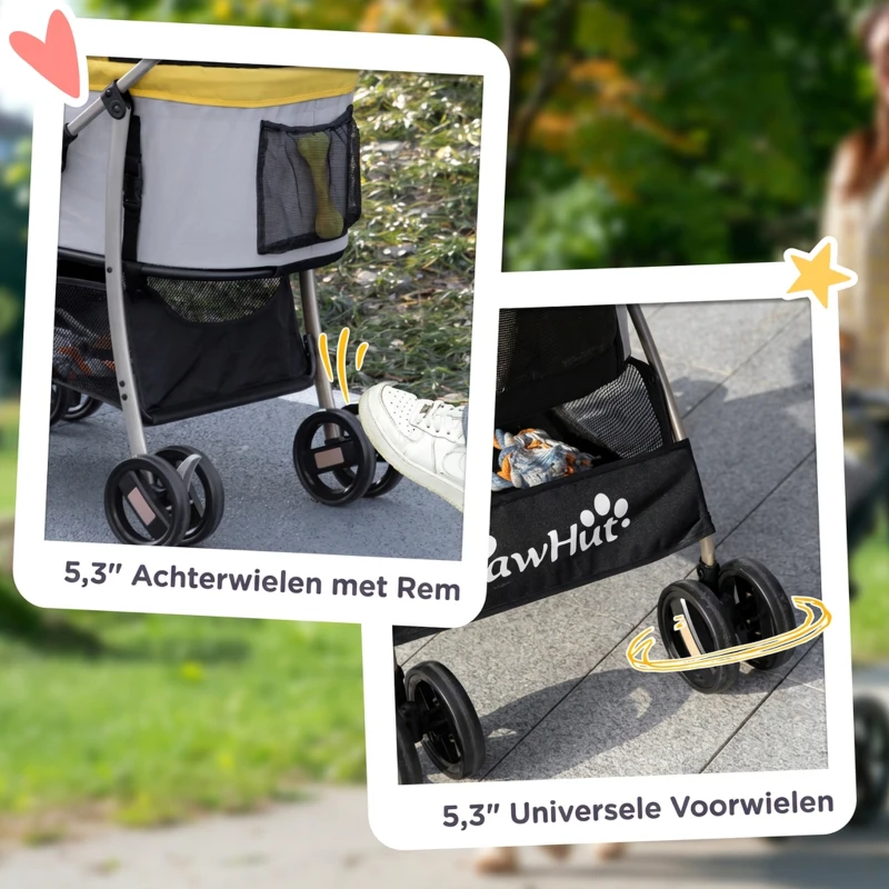 PawHut 2-in-1 Hondenbuggy en Hondentrolley, Opvouwbaar, 1 Mand, 1 Tas, 82 cm x 49,5 cm x 98 cm, Geel