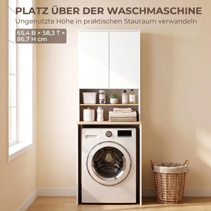 HOMCOM Wasmachinekast met verstelbare legplank en 2 deuren, wit/eiken