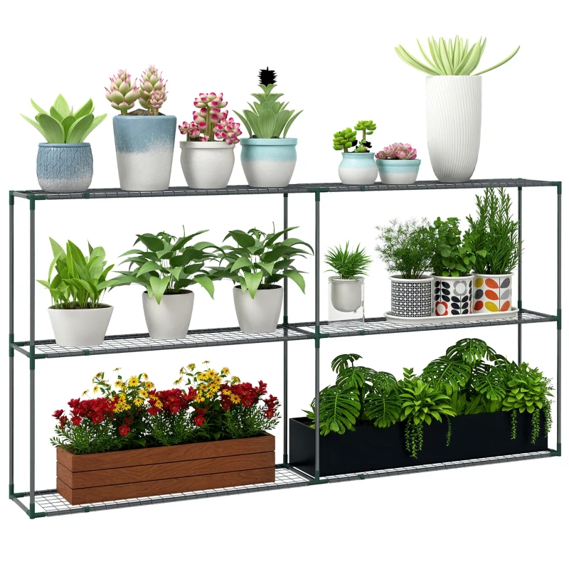Outsunny Drielaagse Bloemenstandaard, Plantenrek voor Kassen, Schuren, Garages, 222x30x114 cm, Donkergroen