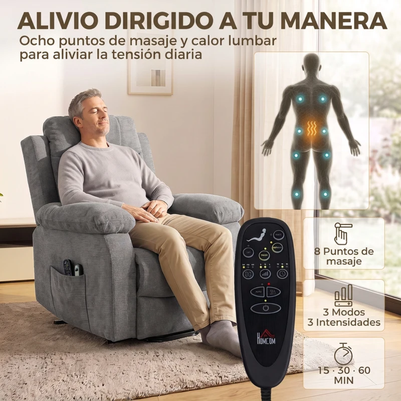 HOMCOM Sillón Relax Reclinable Eléctrico Levanta Personas con 8 Puntos Masaje y Calor Lumbar Puerto USB Mando Reposapiés Gris
