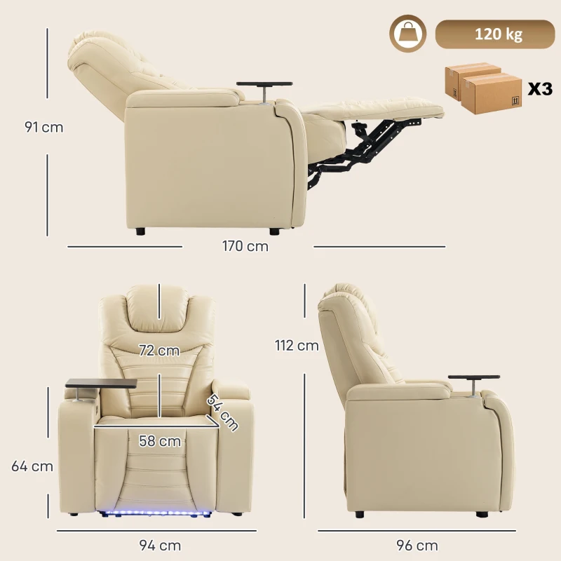 HOMCOM Fauteuil Relax Inclinable Électrique Chaleur Lombaire Massage Vibratoire Lumière LED Repose-pieds Ports USB et Type-C Blanc Crème