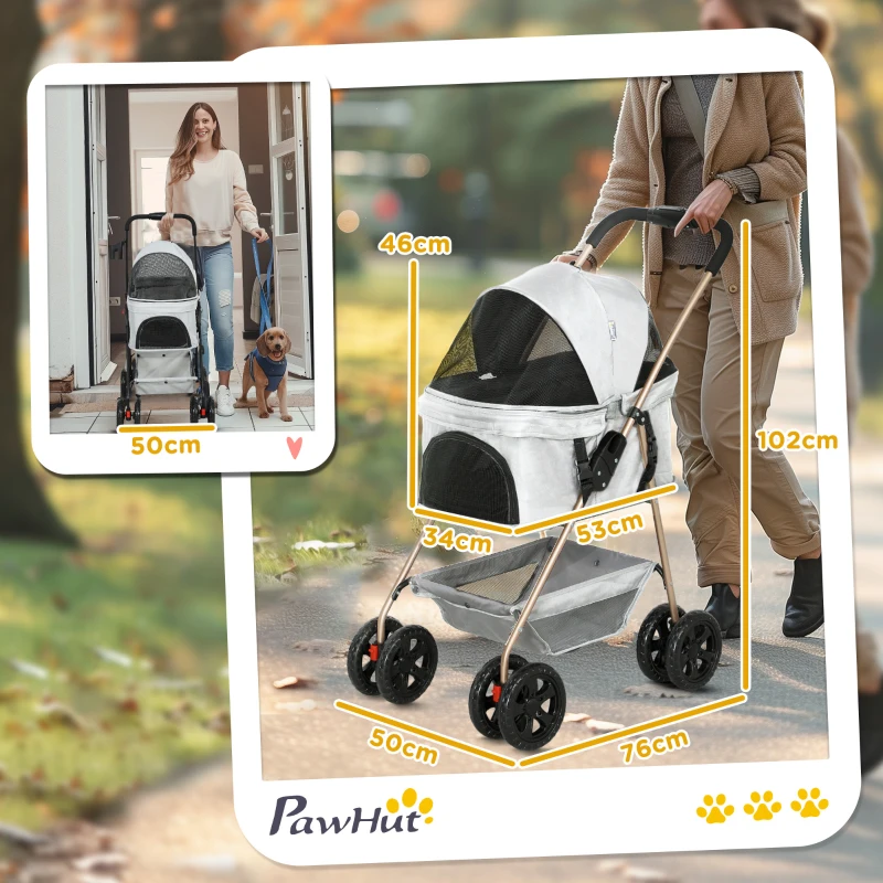 PawHut 3-in-1 Huisdierenkinderwagen, Opvouwbare hondenwagen met 4 wielen en afneembare drager voor honden en katten, Grijs