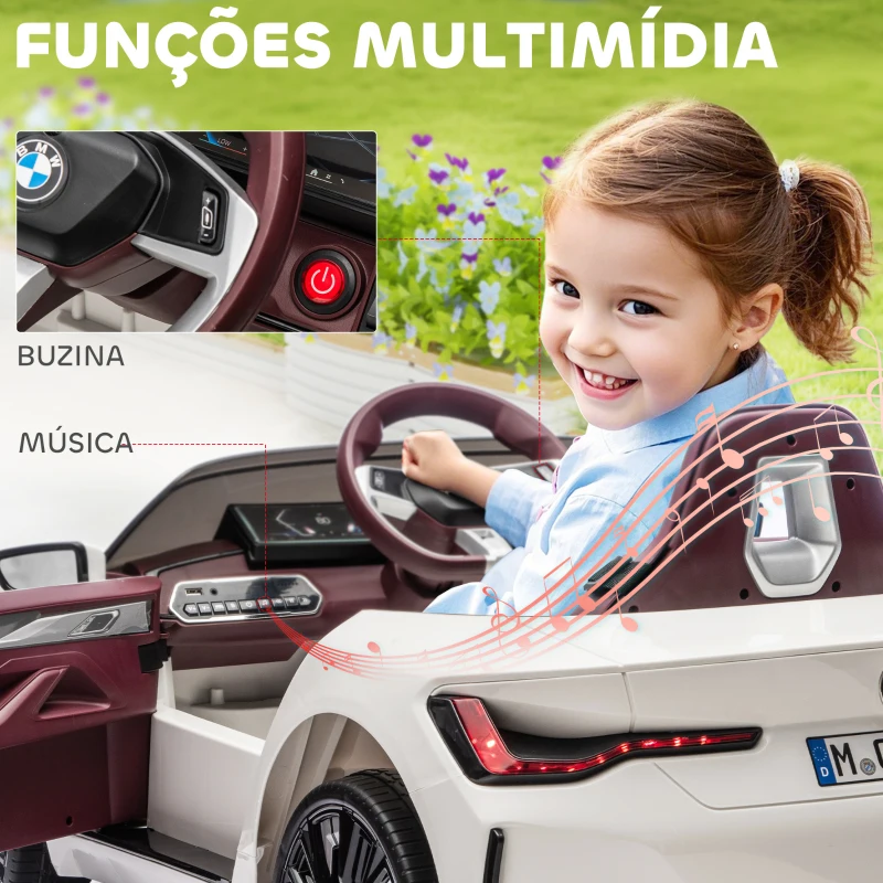 HOMCOM Carro Elétrico para Crianças BMW i4 12V com Controlo Remoto Música MP3 Ecrã Luzes e Cinto de Segurança 115x67x45 cm Branco