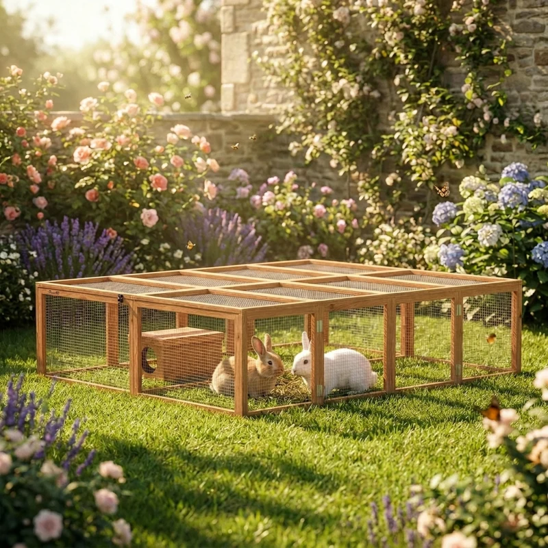 PawHut Konijnenhok met speelruimte van hout met opklapbaar dak deuren Schuilhuis voor 2-4 dwergkonijnen 180,4 x 150 x 48 cm Oranje