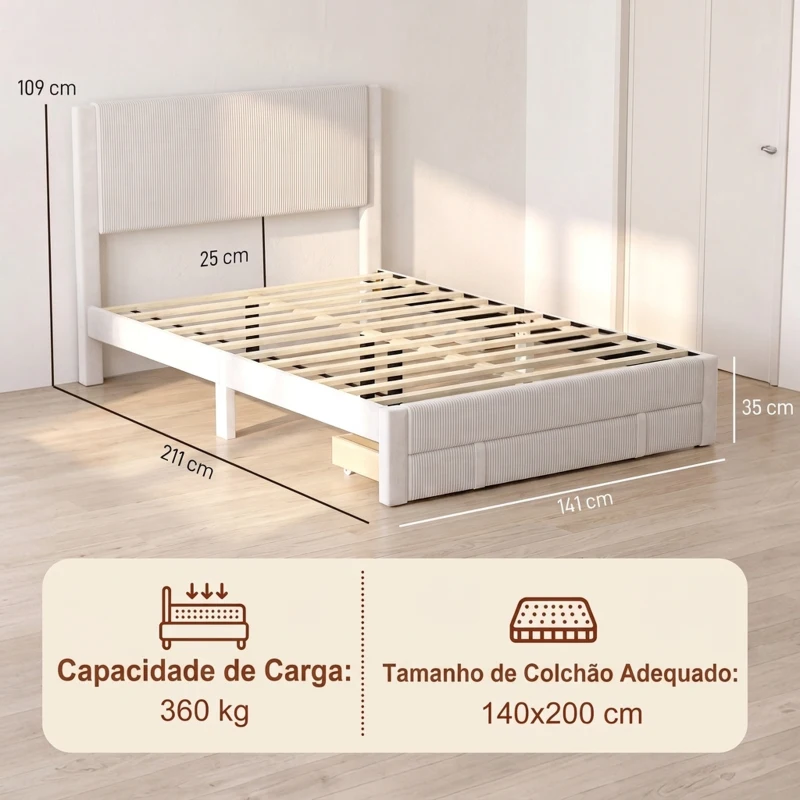 HOMCOM Cama Estofada 140x200 cm com Cabeceira Acolchoada, Gaveta de Arrumação e Ripas de Madeira, Bege