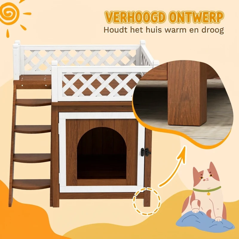 PawHut Kattenhuis, Tweelaags met Balkon en Trap, Voor Binnen en Buiten, Voor Katten en Konijnen, Sparrenhout, Bruin