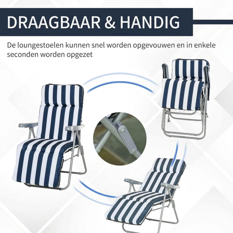 Outsunny Tuinstoel 2x Inklapbaar 60x75x104cm, Verstelbare Rugleuning, 5 Standen, Blauw Wit