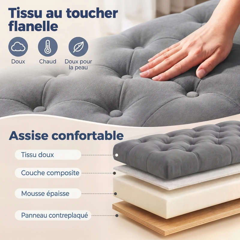 HOMCOM Banc de rangement bout de lit avec accoudoirs, tissu effet velours rembourré et capitonné, 126 x 48,5 x 57 cm, gris(m-5)