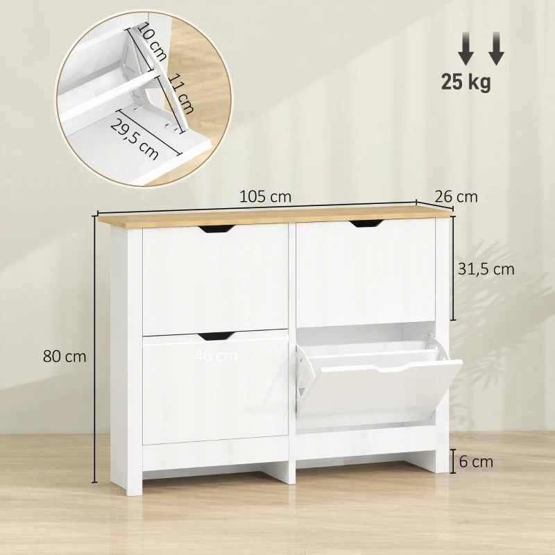 HOMCOM Meuble à chaussures 16 paires, armoire à chaussures étroite avec 4 tiroirs rabattables et étagères réglables