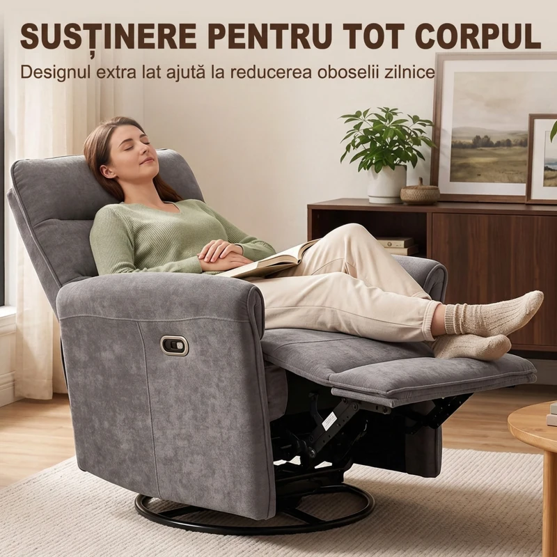 HOMCOM Fotoliu relax electric 155° cu suport pentru picioare, tapițat, rotire 270°, balansoar, șenilă, gri