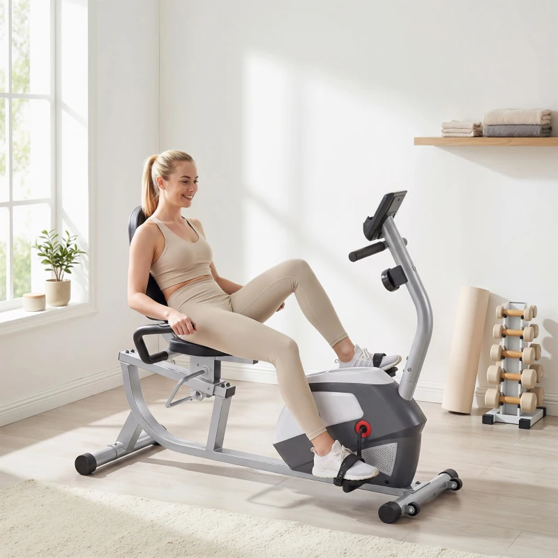 HOMCOM hometrainer fietstrainer vliegwiel hometrainer met 8 niveaus verstelbare magnetische weerstand verstelbare lengte magnetische weerstand wielen metaal ABS grijs + zilver 136 l x 62,5 b x 38 h cm(m-2)