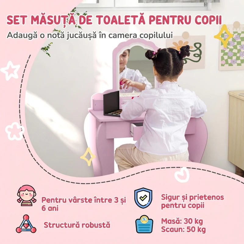 ZONEKIZ Set de toaletă pentru fetițe cu oglindă, scaun și spații de depozitare, din lemn roz