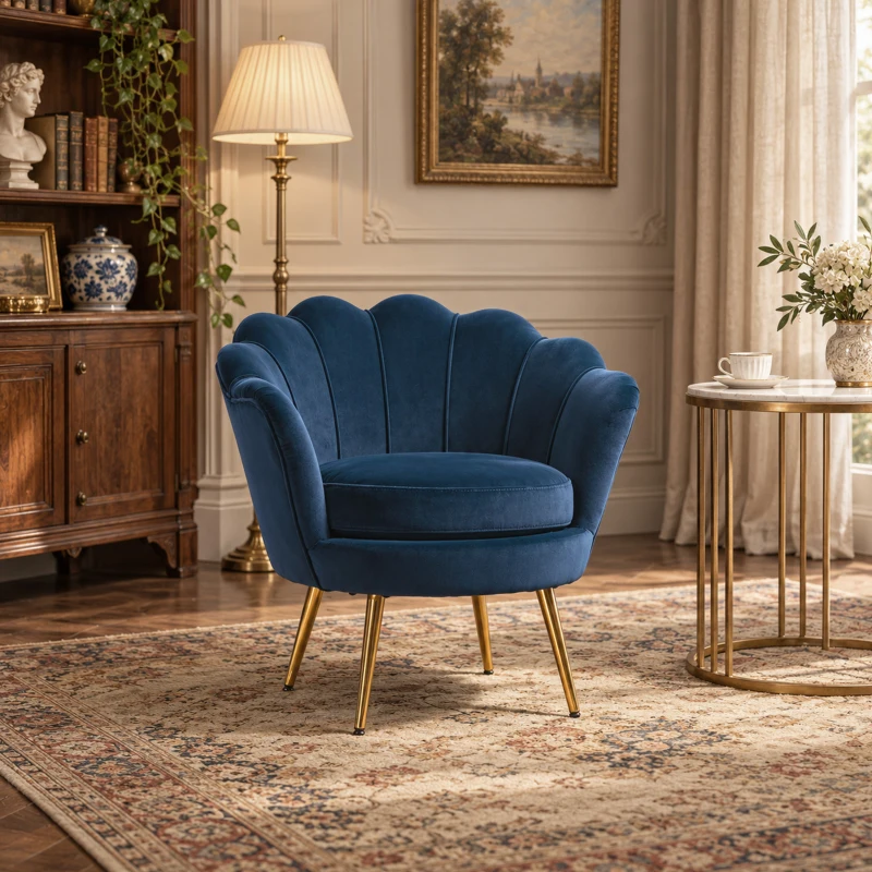 HOMCOM Poltrona Vintage Effetto Velluto con Braccioli e Schienale a Conchiglia, 76x67x74 cm, Blu