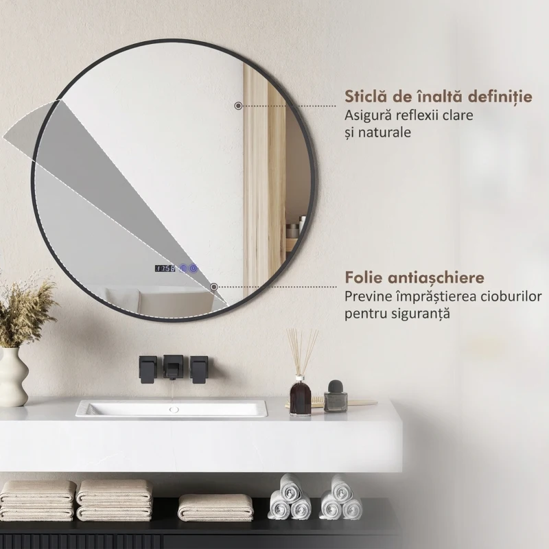 HOMCOM Oglindă de baie cu lumină LED reglabilă, antiaburire și afișaj pentru oră și temperatură, Ø70 cm, negru
