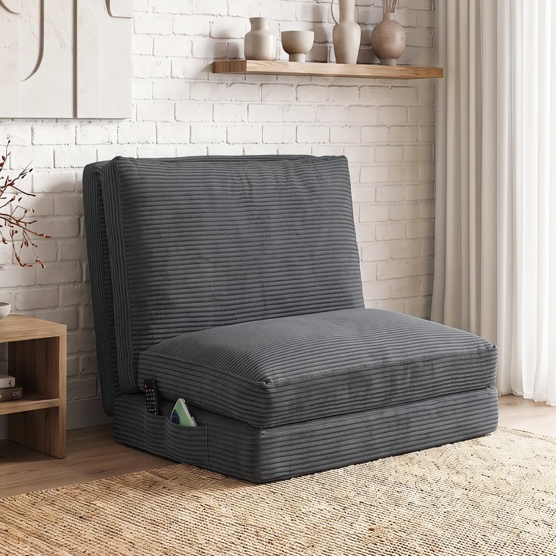 HOMCOM Scaun-pat pliant 76 cm, canapea de podea din catifea corduroy, umplutură groasă, husă detaşabilă şi lavabilă, gri