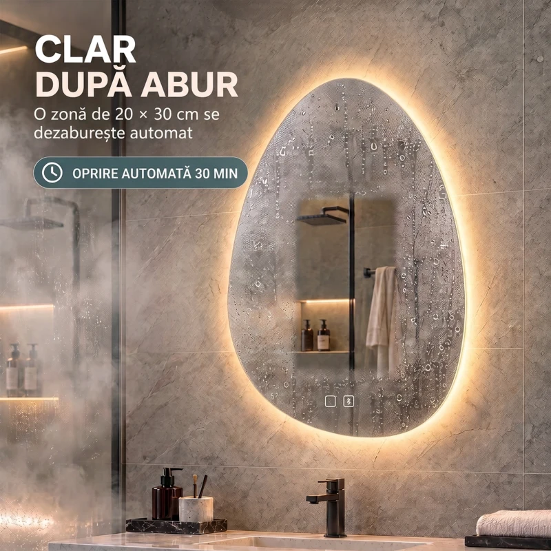 HOMCOM Oglindă de baie cu LED, 3 culori, 50x70 cm, neregulată, Bluetooth, anti-aburire, touch
