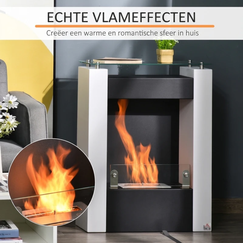 HOMCOM Ethanol haard bio-ethanol brander 2000W 3 uur rookvrij wit + zwart(m-5)