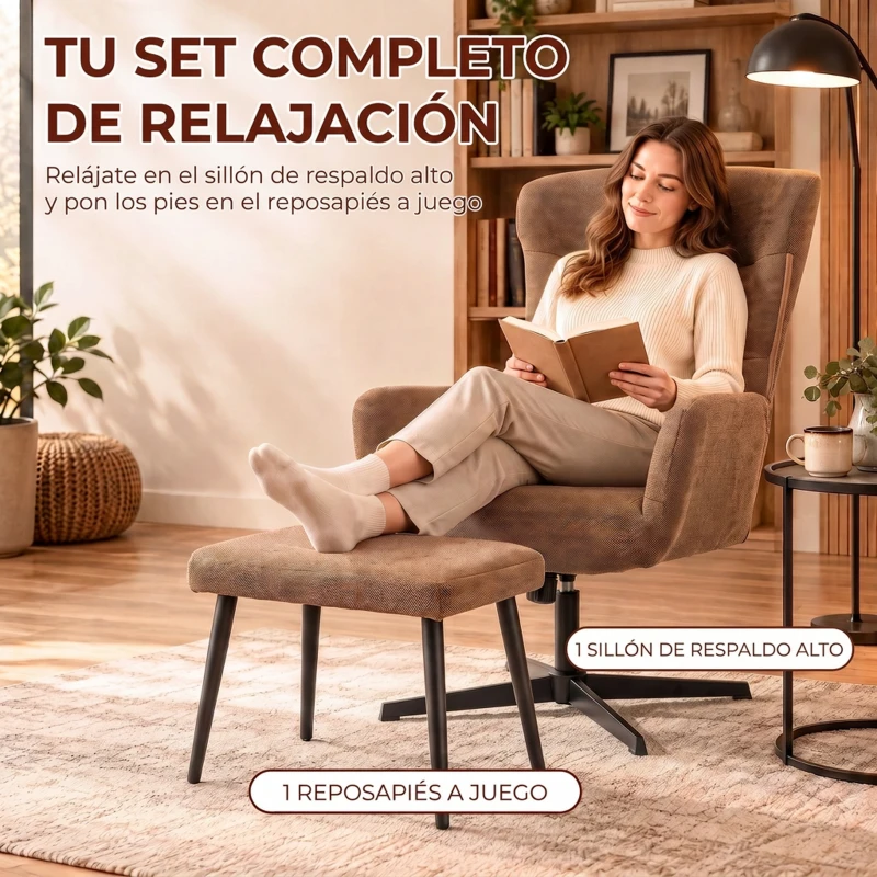 HOMCOM Sillón Relax de Lino con Reposapiés Butaca de Salón Giratorio 360° Basculante Respaldo Alto Marrón