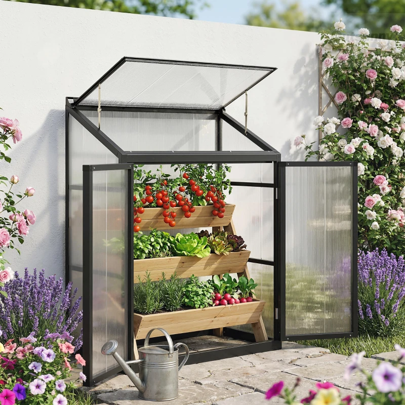 Outsunny 4 x 2ft Polycarbonate Greenhouse, Quick Setup, Lean-to Green House with 2 Hinged Doors, Top Vent, Black