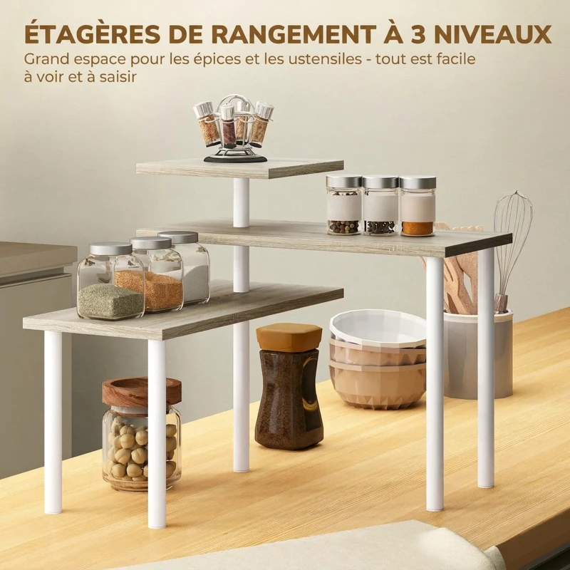 HOMCOM Étagère de cuisine rotative à 3 niveaux, étagère d'angle, cadre en métal, 40 x 18 x 36,5 cm, chêne et blanc