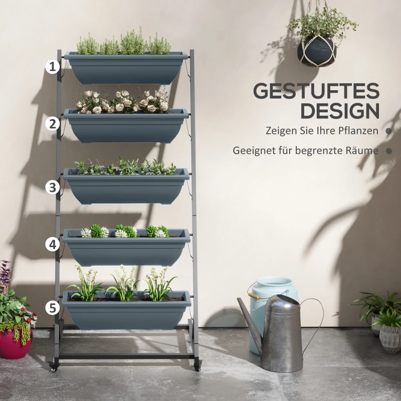 Outsunny Stapelbare Plantentrap Bloemenstandaard Plantenbak, Weerbestendig, 65 x 67 x 145 cm, Grijs + Zwart(m-4)