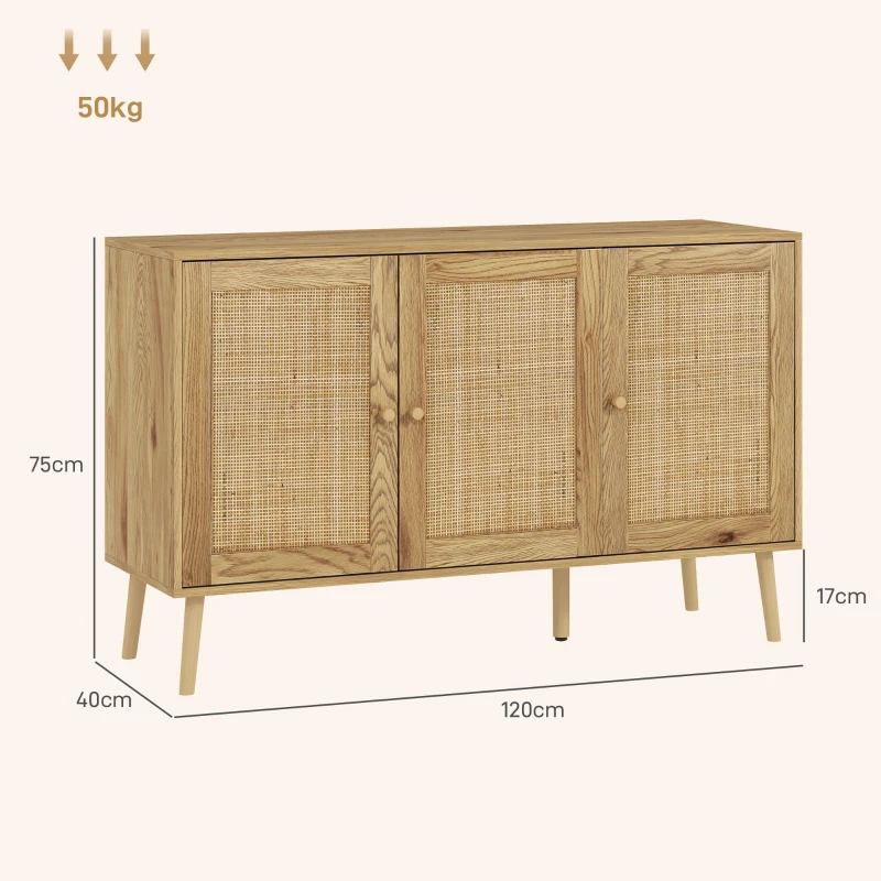 HOMCOM Aparador para Salón Bohemio con Puertas de Ratán y Estantes Ajustables 120x40x75 cm Madera Natural