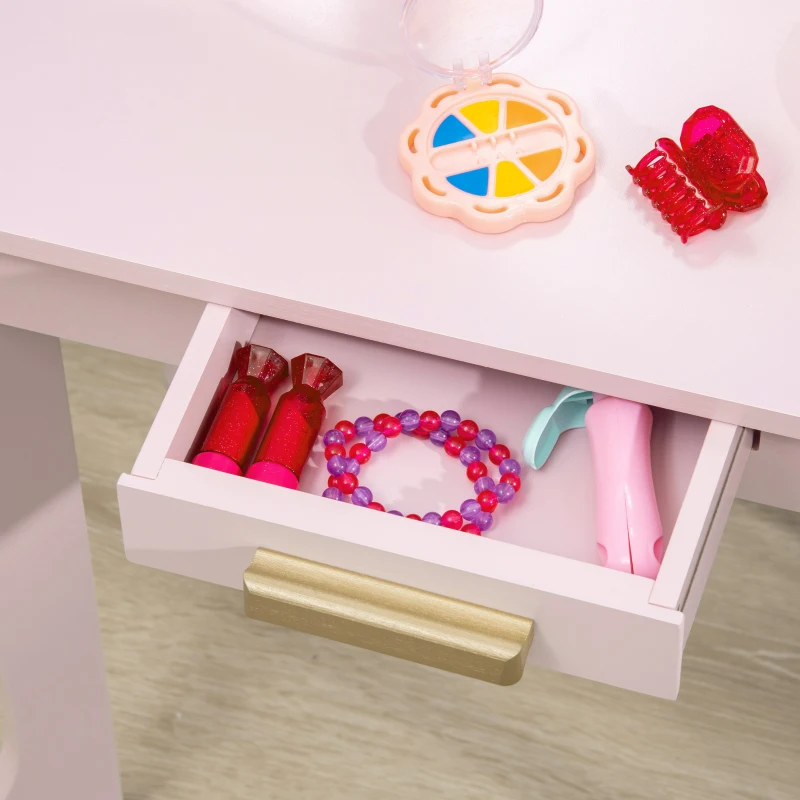 HOMCOM Toucador para Crianças com Espelho e Banco Toucador de Maquilhagem para Crianças de 3 a 6 Anos 52x32x85 cm Rosa