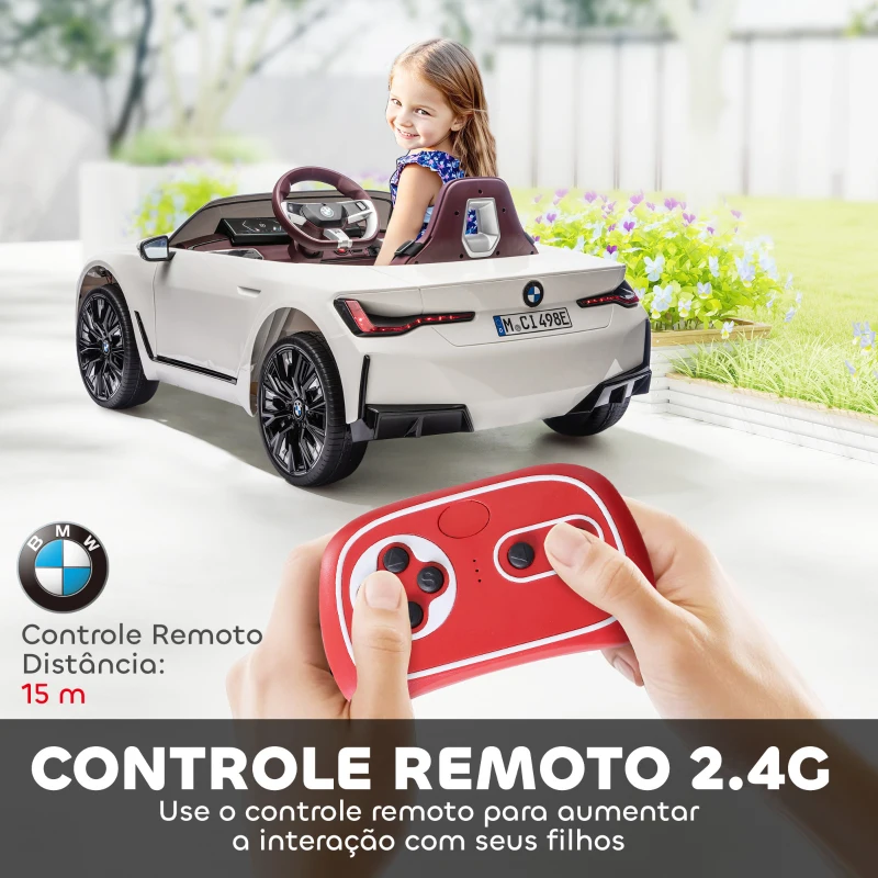 HOMCOM Carro Elétrico para Crianças BMW i4 12V com Controlo Remoto Música MP3 Ecrã Luzes e Cinto de Segurança 115x67x45 cm Branco