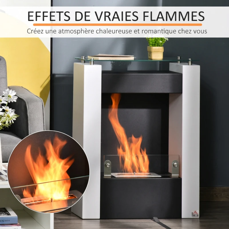 HOMCOM Cheminée bioéthanol brûleur 0,9 L avec plateau de rangement en verre trempé 60 x 20 x 79 cm Acier Noir et Blanc