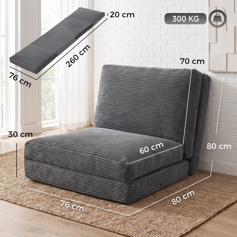 HOMCOM Scaun-pat pliant 76 cm, canapea de podea din catifea corduroy, umplutură groasă, husă detaşabilă şi lavabilă, gri