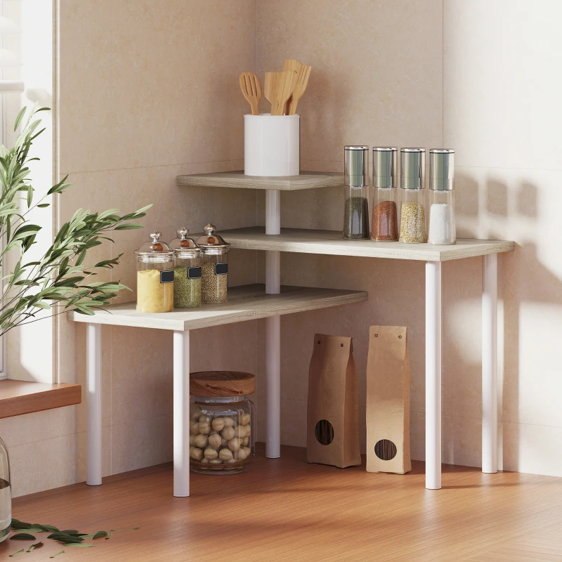 HOMCOM Étagère de cuisine rotative à 3 niveaux, étagère d'angle, cadre en métal, 40 x 18 x 36,5 cm, chêne et blanc
