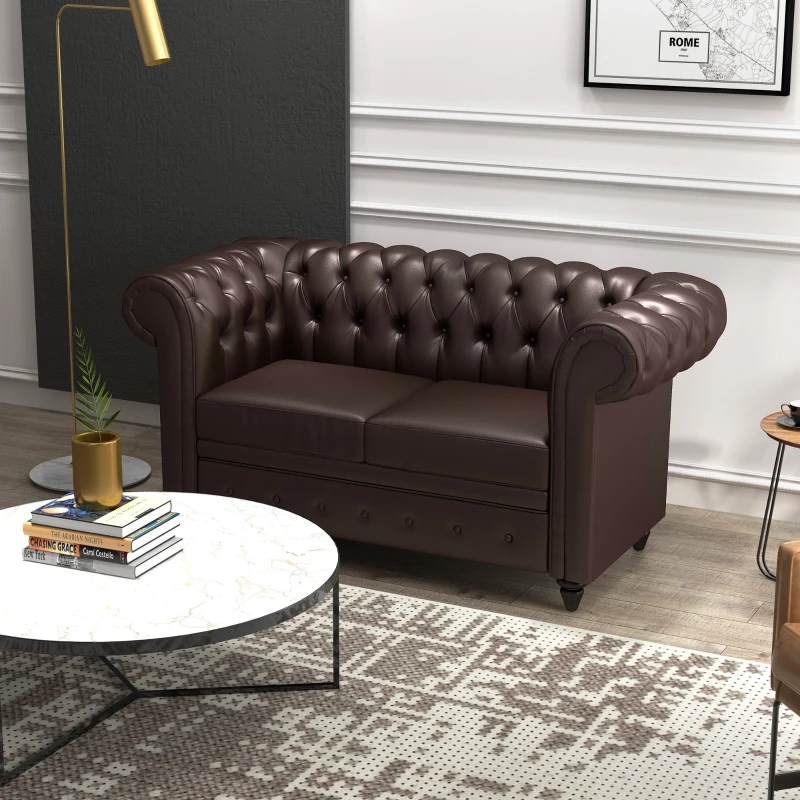 HOMCOM Canapea Chesterfield cu 2 locuri, cu pernă detașabilă, din piele ecologică, lemn și metal, 160x84x80 cm, maro(m-2)